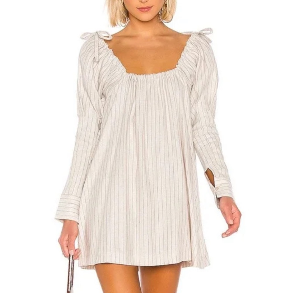 L'Academie The Celine Mini Dress in Beige & Navy Stripe - Picture 3 of 7